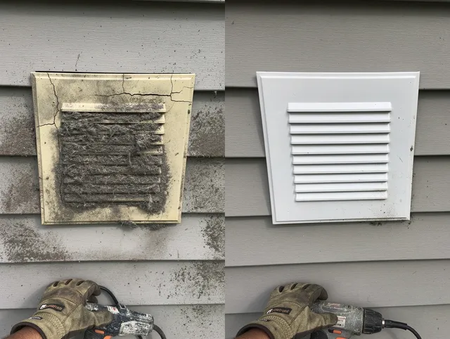 Darien Dryer Vent Cleaning technician installing high-quality dryer vent cover at a residential property in Darien